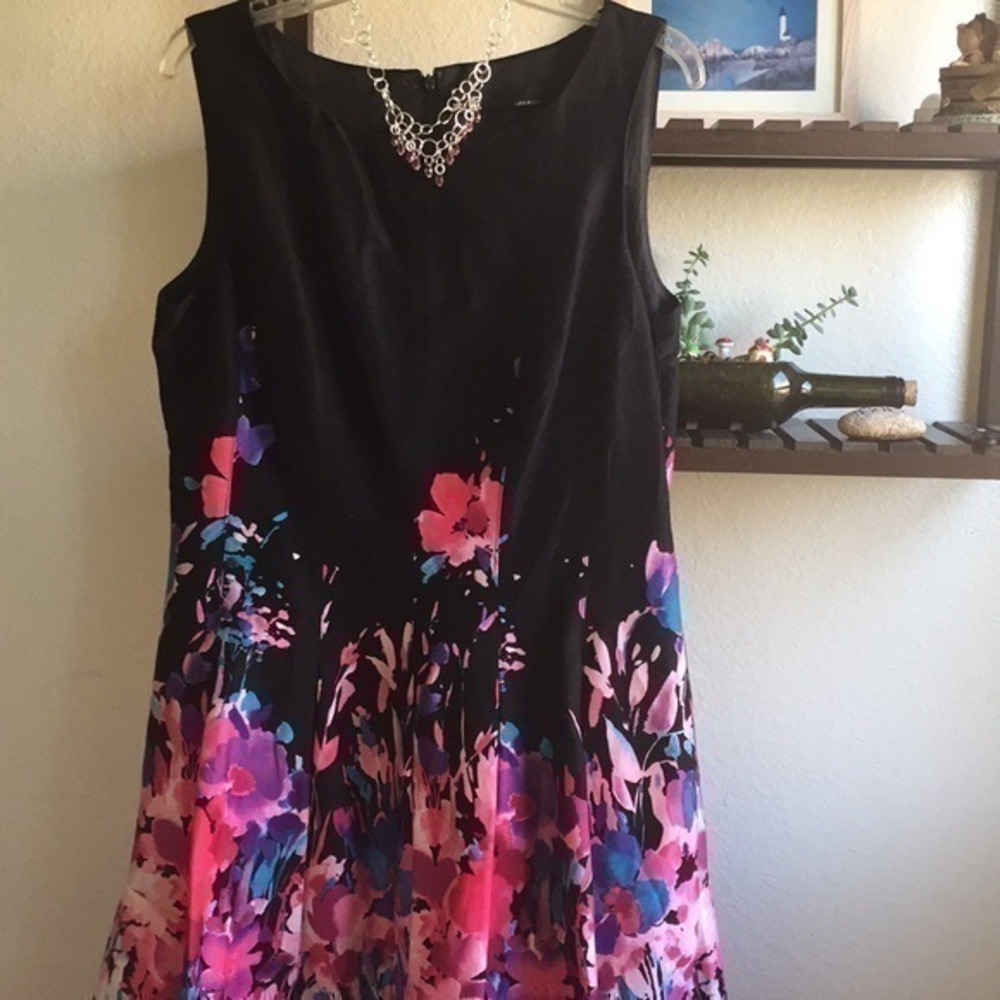 LAST CHANCE Pink & Black Ombré Flower Spring Summer Midi Dress A-Line LESLIE FAY
